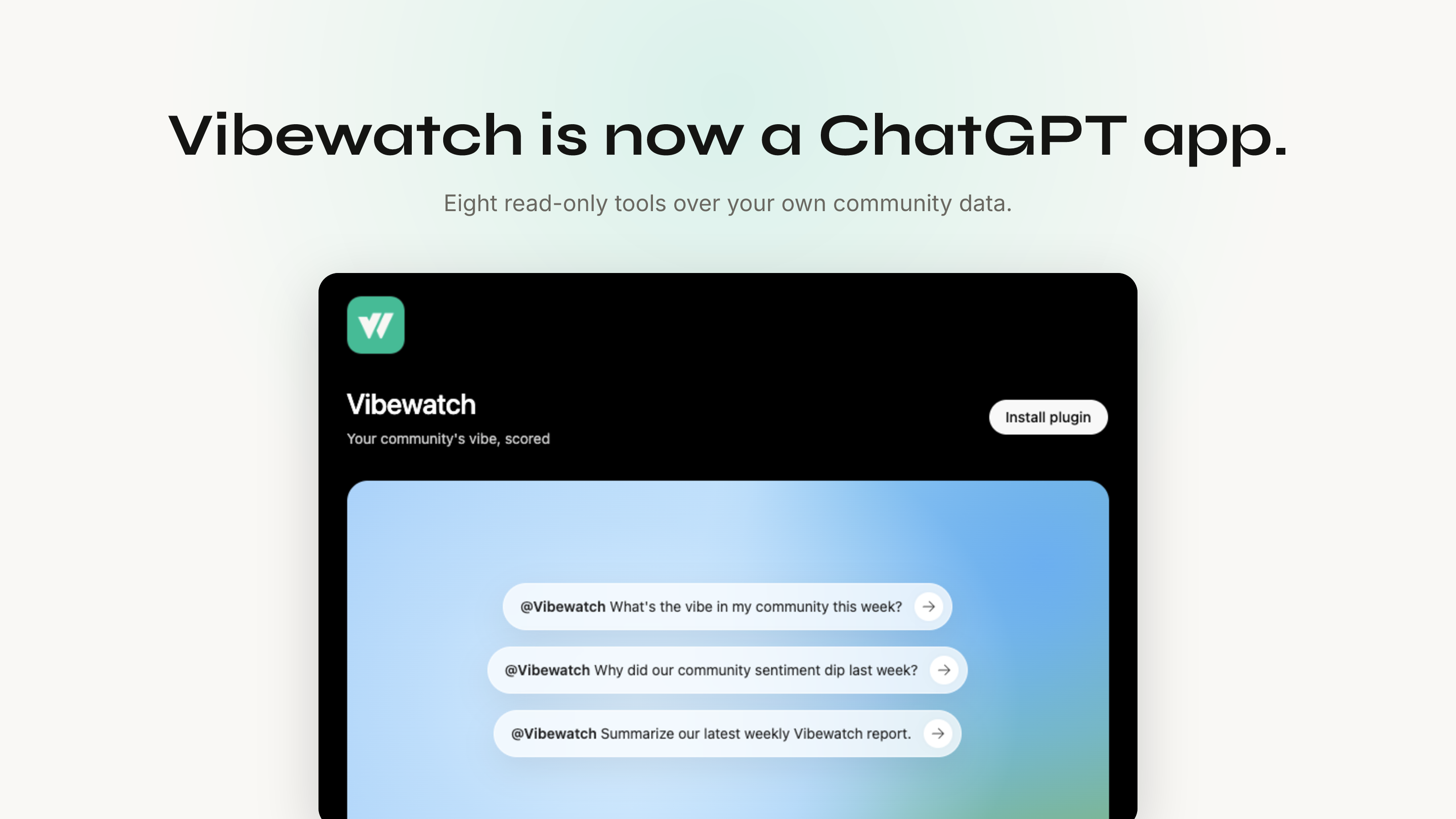 The Vibewatch listing in the ChatGPT plugin directory, showing the name, the tagline "Your community's vibe, scored", an Install plugin button, and three prompt starters including "Why did our community sentiment dip last week?".
